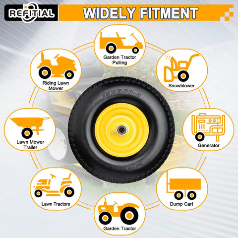 2-Pack 15x6.00-6 Flat Free Front Lawn Tractor Mower Wheels With 3 Inch Centered Hub, infographic showing fitment options