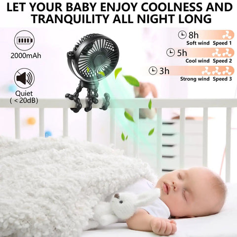 Mini Handheld Portable Fan with flexible tripod clipped on crib, ideal for baby crib, USB or battery powered for travel use.