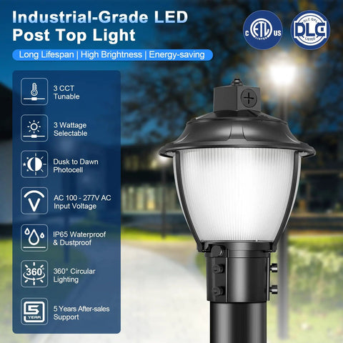 LED Post Top Light 60W/80W/100W Tunable 3000K 4000K 5000K With Photocell ETL DLC Listed Outdoor Pole Light