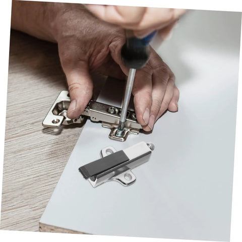 Installing Premium Heavy Duty Soft Close Cabinet Damper For Kitchen Wardrobe Doors with silver hardware and screwdriver.