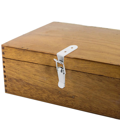 Stainless Steel Box Latches With Hook Design No Keyhole Needed Spring Loaded Toggle Clasp on wooden box corner view