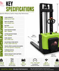Key specifications for Heavy-Duty Electric Stand-On Pallet Stacker With Two-Stage Mast And 1.5-Ton Capacity including dimensions and capacity details.