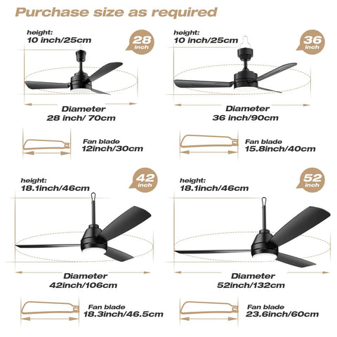 Diagram of four ceiling fans showing sizes: 28 inch, 36 inch, 42 inch, and 52 inch with dimensions, blades, and heights labeled.
