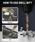 Beefy 15Pc M35 HSS Drill Bit Set With 1/16 To 3/8 Inch Bits in use demonstrating vertical and tilted drilling with metal shavings.