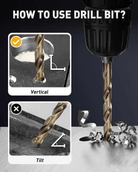 Cobalt Drill Bit Set 21 Pcs M35 HSS pro grade twist drill bit in use with metal shavings, highlighting correct vertical drilling technique.