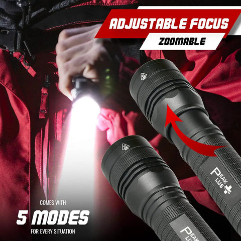 Person holding Ultra Bright 1200 Lumen LED Flashlight LFX2000 with Five Modes, Zoomable Beam, showcasing adjustable focus feature.