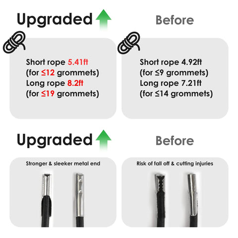 Comparison of Heavy Duty Zero Gravity Chair Replacement Cords Set Of 4 Black with upgraded and before lengths and metal tips.