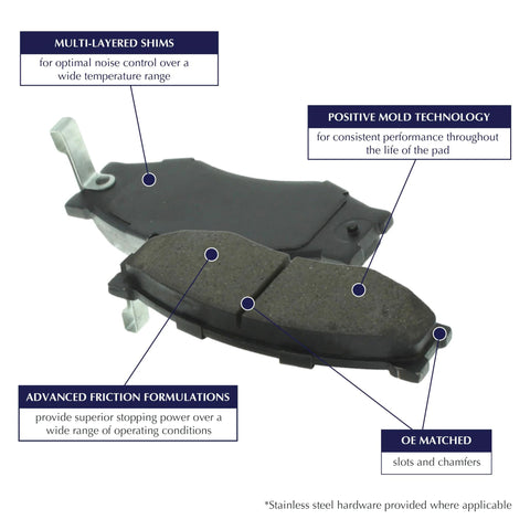 Centric 105.09050 POSI-QUIET rear brake pad, angled front view showing friction material and mounting tab