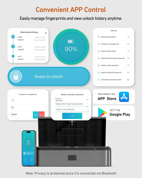 Biometric Gun Safe For Handgun With Four Quick Access Options Fingerprint Scan Full Digital Keypad Backup Key And Phone App Lock Nightstand Pistol Safe For Bedroom Home Security app control interface.