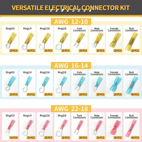 Sopoby heat-shrink wire connector kit, 540 pcs, marine-grade, AWG 12-10 to 22-18, insulated ring/fork/male/female/butt connectors
