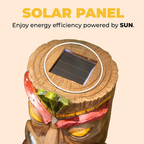 Top view of Flickering Tiki Torch Solar Light For Outdoor Decor with solar panel, polyresin material, 14.5 inches high