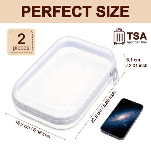 Two Pack Clear Hard Shell Zipper Case Travel Organizer Pouch Hella Tough Protective Plastic Storage Bag dimensions with phone for size comparison.
