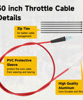 Seven Eighths Inch Throttle Cable And Handlebar Grips Kit with 50-inch cable, zip ties, PVC sleeve, and aluminum core details.