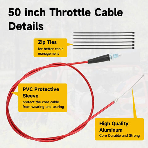 Seven Eighths Inch Throttle Cable And Handlebar Grips Kit with 50-inch cable, zip ties, PVC sleeve, and aluminum core details.