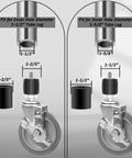 Top Notch Prep Table Casters 6 Inch Rising Expanding Stem Swivel Wheels Set Of 4 for 1-1/2" and 1-5/8" tubular legs with dimensions shown.
