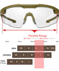 Rugged Ballistic Safety Glasses For Range Use, Range Ready Eye Protection For Men, size chart, olive frame, adjustable sizing