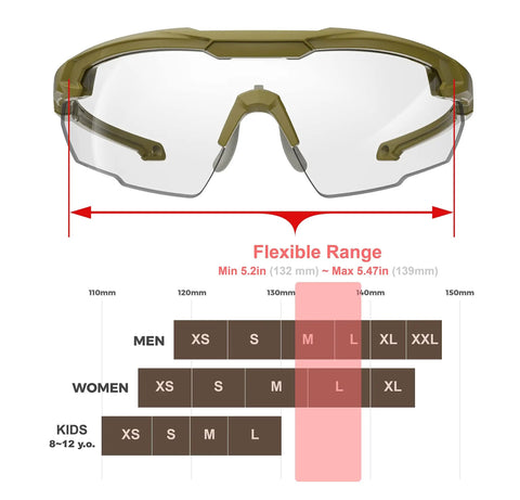 Rugged Ballistic Safety Glasses For Range Use, Range Ready Eye Protection For Men, size chart, olive frame, adjustable sizing