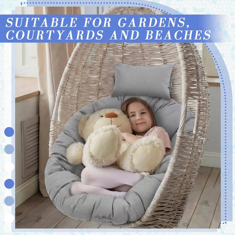 Child sitting on Gray Egg Chair Cushion Replacement For Indoor Outdoor Hanging Basket Chair 45x45 Waterproof Pad With Comfy Headrest