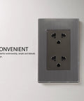 Dang Sturdy Stainless Steel Wall Outlet Cover Plate With Six Round Holes And Heavy Duty Metal Shield Rock Solid Electrical Socket Guard For High Power Home Appliances, grey stainless finish with three sockets.