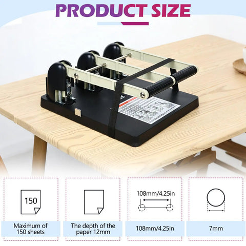Three Hole Paper Punch For Office And Print Shop, Heavy Duty Metal Construction With Ergonomic Handle, Punches Up To 150 Sheets