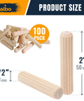 Built Tough Fluted Wood Dowel Pins 1/2 Inch X 2 Inch, 100 Piece Pack With Smooth Finish Kiln Dried Birch Wood Pegs, showing product size.
