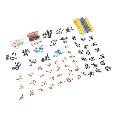 No Sweat Electronics Tinkerer Kit 1400 Piece Beginner Starter Pack showing assorted precision resistors, capacitors and diodes.