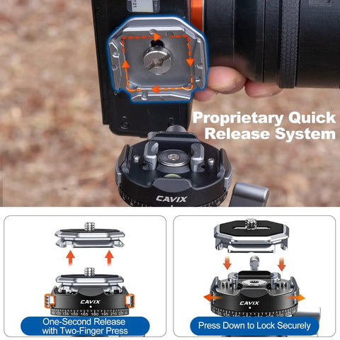 Close-up of Arca QR Ball Head For Tripods And Sliders With One Quarter Inch And Three Eighths Inch Threads 360 Degree Pan with quick release