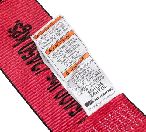 Beefy 4 Inch Wide By 30 Foot Red Winch Straps With Flat Hooks, Heavy Duty Cargo Tie Downs, 5400 Lbs Working Load Limit, Weather Resistant, Built Tough For Flatbed Trucks And Utility Trailers, 10 Pack red 4-inch winch strap with warning label