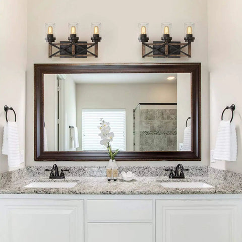 Bathroom with Industrial Three Light Vanity Fixture With Seeded Glass Shades 18.9 Inch Rustic Farmhouse Vibe Wall Sconce in Black