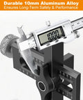 Digital caliper measuring 10mm on 2 in 1 Cabinet Door Mounting Jig With Adjustable Positioner for precise installation.