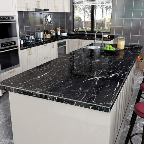 Kitchen island covered with Black Marble Peel And Stick Wallpaper For Countertops Self Adhesive Vinyl Cover For Kitchens DIY Friendly