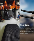 2 Pack Aluminum Breather Valve Kit For Gas Tank Cap And One Way Vent Tube CNC Machined Vent Valve Universal Fit For ATV Quad Dirt Bikes CRF YZF RMZ KLX DRZ Black installed on ATV gas tank with close-up of vent hose.