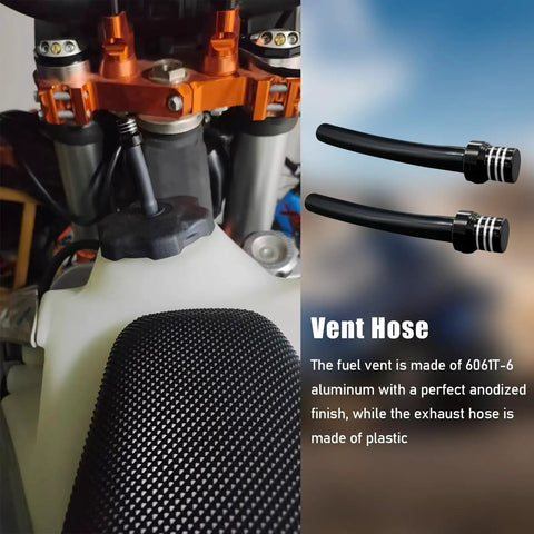 2 Pack Aluminum Breather Valve Kit For Gas Tank Cap And One Way Vent Tube CNC Machined Vent Valve Universal Fit For ATV Quad Dirt Bikes CRF YZF RMZ KLX DRZ Black installed on ATV gas tank with close-up of vent hose.