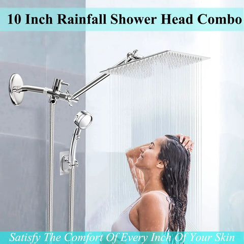 High Pressure 10 Inch Square Rain Shower Head Combo With Handheld Spray and 78 Inch Hose in use, chrome finish.