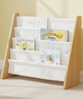 4-Tier Front-Facing Kids Book Display Organizer in natural wood and white holding children's books