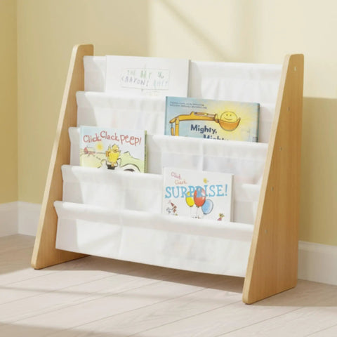 4-Tier Front-Facing Kids Book Display Organizer in natural wood and white holding children's books