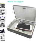 Open water and fire resistant portable security case with solid steel build, resettable combination lock, showing interior with phone and cable.
