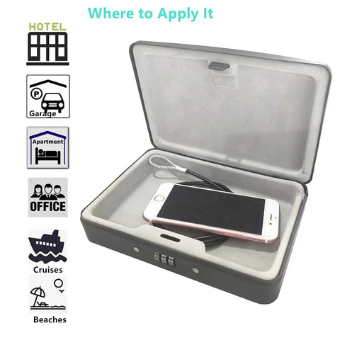Open water and fire resistant portable security case with solid steel build, resettable combination lock, showing interior with phone and cable.