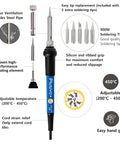 Diagram of 60W Adjustable Soldering Iron Kit with 25 in 1 Tool Set, featuring 5 soldering tips and temperature range 200°C-450°C.