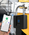 Fingerprint Padlock With Bluetooth Key Backup Heavy Duty Waterproof Lock for Outdoor Fence, shown with smartphone app display.