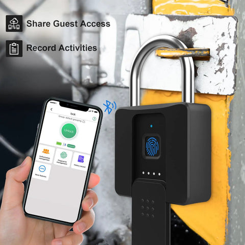 Fingerprint Padlock With Bluetooth Key Backup Heavy Duty Waterproof Lock for Outdoor Fence, shown with smartphone app display.