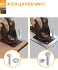 5 Inch Caster Wheels With Brake Set Of 4 Heavy Duty 2000 Lbs Industrial Swivel Casters Polyurethane Quiet Wheels For Cart And Workbench Dual Locking Safety Brakes Two Hardware Kits Included shown with installation options on wood and metal surfaces.