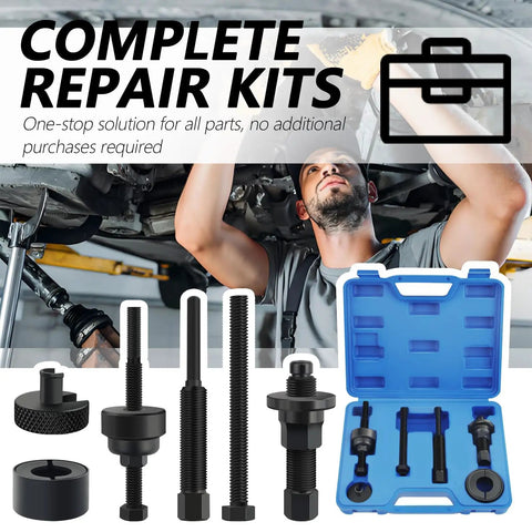 Heavy Duty Carbon Steel Power Steering Pump Pulley Removal Tool Set, complete kit with various sizes and tools for vehicle repairs.