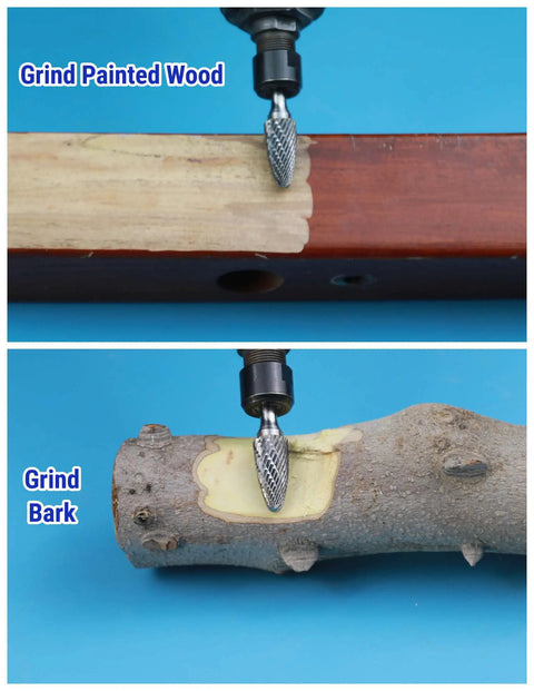 Quarter Inch Carbide Burr Set with Tree Shape Head grinding painted wood and tree bark with die grinder