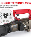 PEResQ Electric Hydraulic Rebar Bender, 1200W showcasing unique split-type pump body for effective bending force.