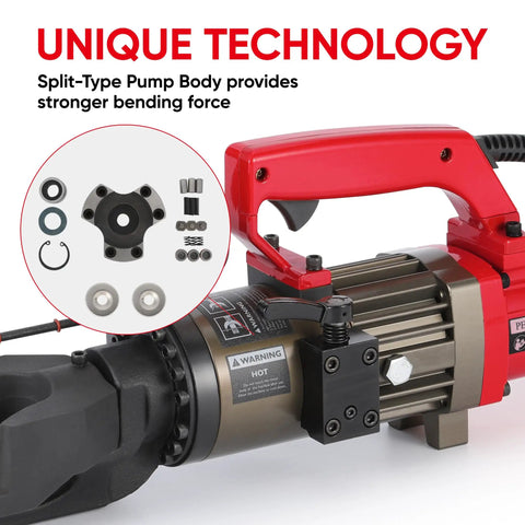 PEResQ Electric Hydraulic Rebar Bender, 1200W showcasing unique split-type pump body for effective bending force.