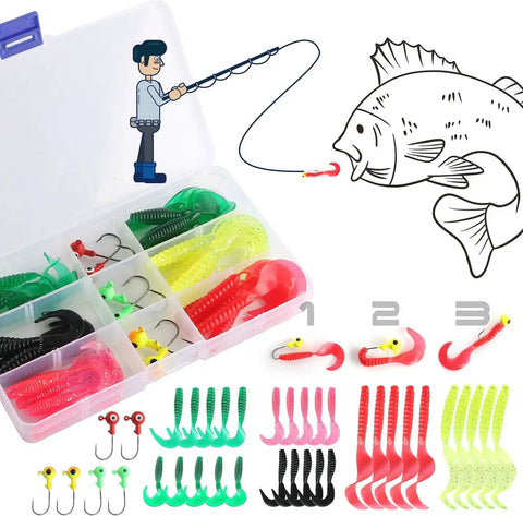 Fishing lures, hooks, and accessories from Beginner Friendly Fishing Rod And Reel Combo Kit With Two Telescopic Poles 1.3M And 1.6M Plus Two Spinning Reels Lures Hooks And A Carry Bag A Portable Family Fishing Set For Kids And Beginners displayed in a tackle box.