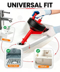 42 Foot Beast Mode Drain Snake And Hair Clog Remover, Drill Powered Plumbing Auger For Kitchen And Bath, Nukes Stubborn Blockages In Sinks And Toilets Fast, Red in use on sink and toilet.