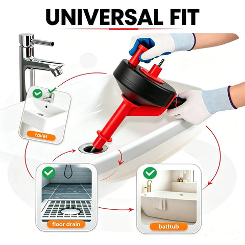 42 Foot Beast Mode Drain Snake And Hair Clog Remover, Drill Powered Plumbing Auger For Kitchen And Bath, Nukes Stubborn Blockages In Sinks And Toilets Fast, Red in use on sink and toilet.