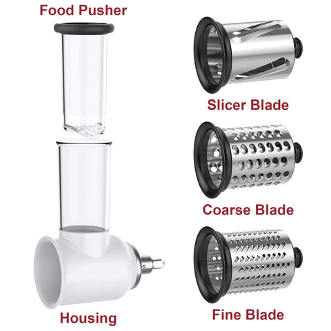 All In One Slicer Shredder Attachment For Stand Mixers Veggie Cheese Grater And Salad Maker with food pusher and 3 blades